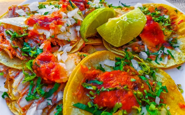 Tacos Mexicanos Com Molho Picante Limão Abacaxi Cebola Centro Historico — Fotografia de Stock