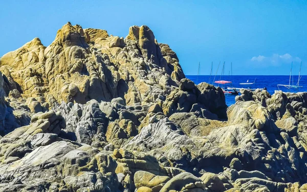 Παραλία Άμμο Τιρκουάζ Μπλε Βράχια Νερά Βράχους Βράχους Φοίνικες Πελώρια — Φωτογραφία Αρχείου