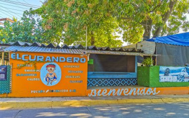 Puerto Escondido Oaxaca Meksika 16. Ocak 2023 Renkli hayvan doğası graffiti resimleriyle dolu restoran duvarı Rinconada Bacocho Puerto Escondido Oaxaca Meksika 'da güzel tablolar.