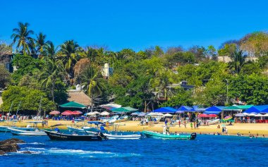 Puerto Escondido Oaxaca Meksika 25. Mart 2023 Limanı ve palmiye ağaçlı tekneler insanlara şemsiye ve güneş panzeleri veriyor Puerto Escondido Oaxaca Meksika 'daki tropikal Meksika plajlarında..