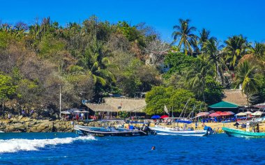 Puerto Escondido Oaxaca Meksika 25. Mart 2023 Limanı ve palmiye ağaçlı tekneler insanlara şemsiye ve güneş panzeleri veriyor Puerto Escondido Oaxaca Meksika 'daki tropikal Meksika plajlarında..