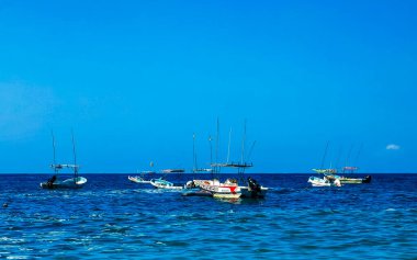 Puerto Escondido Oaxaca Meksika 25. Mart 2023 Limanı ve palmiye ağaçlı tekneler insanlara şemsiye ve güneş panzeleri veriyor Puerto Escondido Oaxaca Meksika 'daki tropikal Meksika plajlarında..