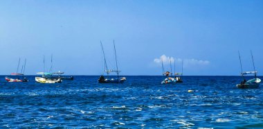 Puerto Escondido Oaxaca Meksika 25. Mart 2023 Limanı ve palmiye ağaçlı tekneler insanlara şemsiye ve güneş panzeleri veriyor Puerto Escondido Oaxaca Meksika 'daki tropikal Meksika plajlarında..