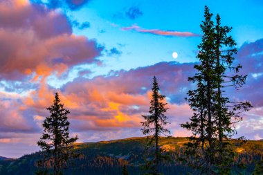 İskandinavya 'daki Kvitfjell Favang Ringbu Innlandet Norveç' teki dağların ve ormanların ardında güzel pembe bir gün batımı..