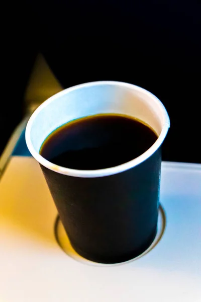 Zwarte Beker Mok Met Zwarte Koffie Nemen Het Vliegtuig Mexico — Stockfoto