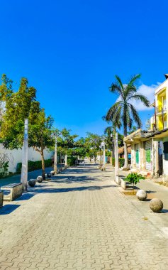 Playa del Carmen Quintana Roo Meksika 22. Nisan 2021 Tipik yaya yolu ve şehir manzarası Palmiye ağaçlarıyla banklar mimari binalar ve Luis Donaldo Colosio 'nun duvar resimleri.