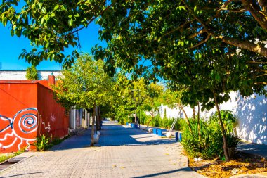 Playa del Carmen Quintana Roo Meksika 6. Mayıs 2023 Tipik yaya yolu ve şehir manzarası Palmiye ağaçlarıyla banklar mimari binalar ve Luis Donaldo Colosio 'nun duvar resimleri.