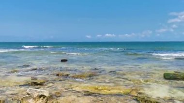 Playa del Carmen Quintana Roo Meksika sahilindeki turkuaz yeşil ve mavi sularda kayalar ve mercanlar..