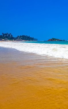 Mirissa Sahili 'nin güneyindeki Sri Lanka Plajı' nda palmiye ağaçları dalgaları ve deniz manzaralı güzel tropik bir sahil..