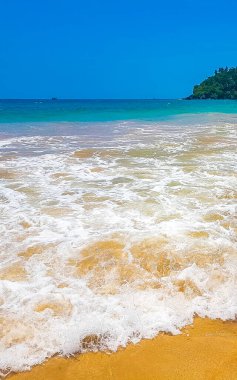 Mirissa Sahili 'nin güneyindeki Sri Lanka Plajı' nda palmiye ağaçları dalgaları ve deniz manzaralı güzel tropik bir sahil..