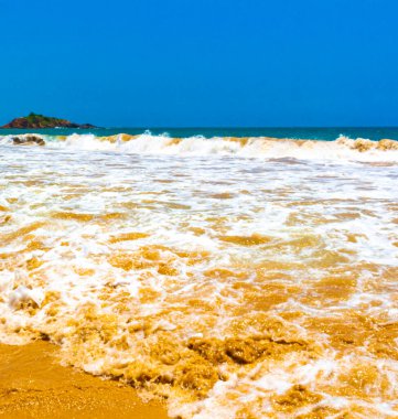 Mirissa Sahili 'nin güneyindeki Sri Lanka Plajı' nda palmiye ağaçları dalgaları ve deniz manzaralı güzel tropik bir sahil..