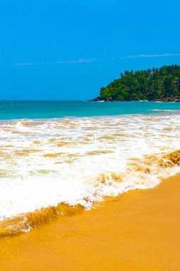Mirissa Sahili 'nin güneyindeki Sri Lanka Plajı' nda palmiye ağaçları dalgaları ve deniz manzaralı güzel tropik bir sahil..