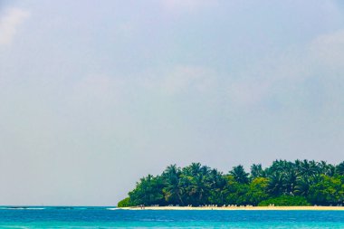 Tropik cennet adası Kuramathi, Rasdhoo Mercan Maldivleri 'nde palmiye ağaçları, beyaz kum ve turkuaz sularıyla lüks bir tatil için.