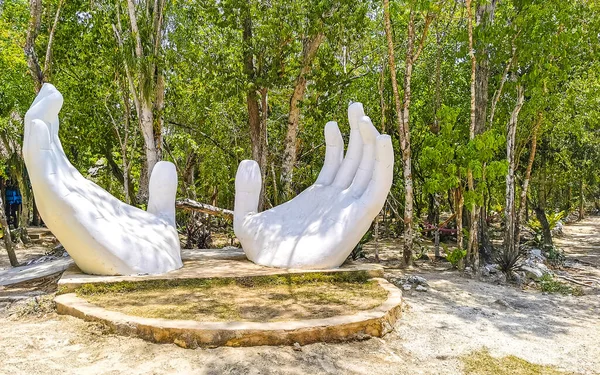 Beyaz elli heykel heykeli Tulum Quintana Roo Mexico 'daki Cenote Yaxmuul yakınlarındaki tropikal ormanda inşa ediliyor..