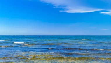 Playa del Carmen Meksika 'da turkuvaz mavisi berrak sulara sahip tropik Meksika Karayip sahili manzarası..