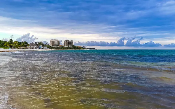 Playa del Carmen Meksika 'da turkuvaz mavisi berrak sulara sahip tropik Meksika Karayip sahili manzarası..