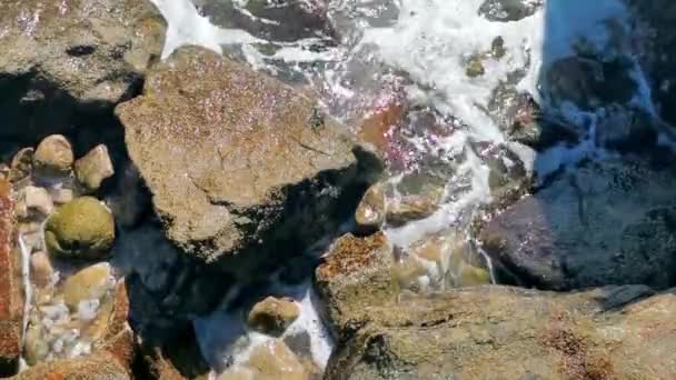 Pláž Písek Tyrkysová Modrá Voda Skály Útesy Balvany Palmy Obrovský — Stock video