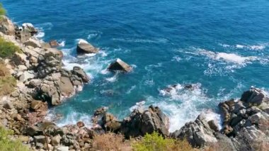 Plaj kumsalı turkuvaz mavi su kayaları kaya kayaları palmiye ağaçları büyük sörfçü dalgaları ve plaj manzarası Playa Manzanillo ve Puerto Angelito Puerto Escondido Oaxaca Meksika.