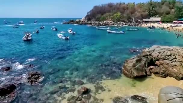 Puerto Escondido Oaxaca México Março 2023 Palmeiras Pessoas Barcos Guarda — Vídeo de Stock