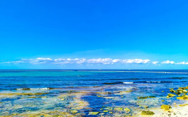 Playa del Carmen Quintana Roo Meksika sahilindeki turkuaz yeşil ve mavi sularda kayalar ve mercanlar..