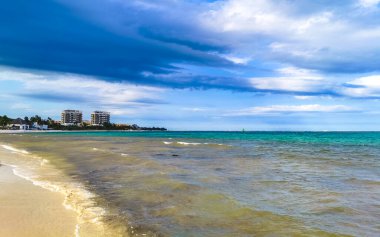 Playa del Carmen Meksika 'da turkuvaz mavisi berrak sulara sahip tropik Meksika Karayip sahili manzarası..