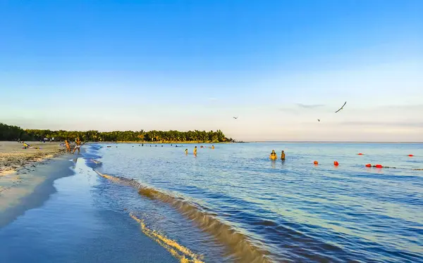 Playa del Carmen Quintana Roo Meksika 25. Mayıs 2023 Tropikal Meksika Karayip plajı ve birçok eğlenceli insanla panorama manzarası. Punta Esmeralda, Playa del Carmen Mexico 'dan güneşlenirler..