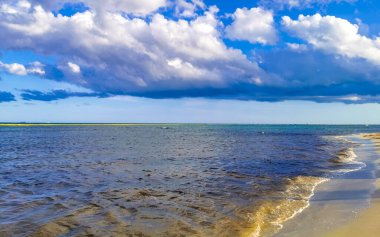 Playa del Carmen Meksika 'da turkuvaz mavisi berrak sulara sahip tropik Meksika Karayip sahili manzarası..