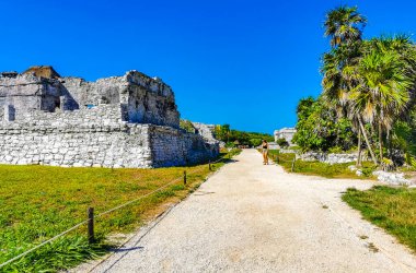 Tulum Quintana Roo Meksika 04. Haziran 2023 Antik Tulum, Tulum Meksika 'daki tropikal doğal orman palmiyeleri manzarasında tapınak kalıntıları ve sanat eserleriyle Maya bölgesini harap etti..