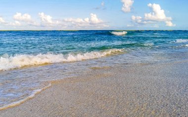 Playa del Carmen Meksika 'da turkuvaz mavisi berrak sulara sahip tropik Meksika Karayip sahili manzarası..