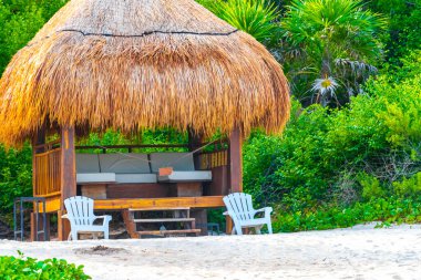 Palapa sazdan çatılar palmiye ağaçları şemsiyeler ve Playa del Carmen Meksika 'daki tropikal Meksika plajındaki sahil otelindeki güneş pansiyonları..