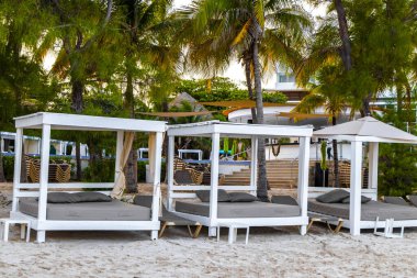 Palapa sazdan çatılar palmiye ağaçları şemsiyeler ve Playa del Carmen Meksika 'daki tropikal Meksika plajındaki sahil otelindeki güneş pansiyonları..
