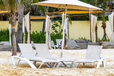 Palapa sazdan çatılar palmiye ağaçları şemsiyeler ve Playa del Carmen Meksika 'daki tropikal Meksika plajındaki sahil otelindeki güneş pansiyonları..