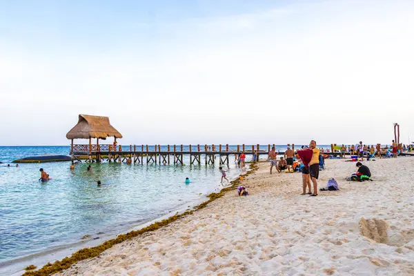 stock image Playa del Carmen Quintana Roo Mexico 14. August 2023 Tropical mexican caribbean beach landscape panorama with clear turquoise blue water and jetty pier with palapa bungalow in Punta and Playa Xcalacoco Playa del Carmen Mexico.