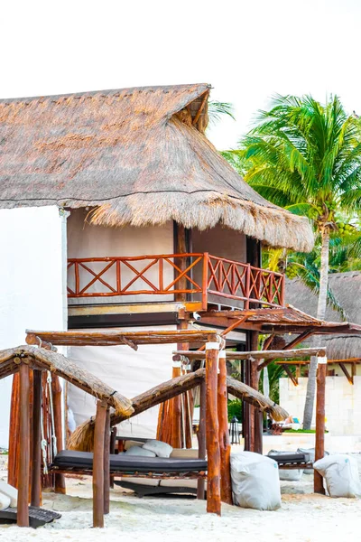 Palapa sazdan çatılar palmiye ağaçları şemsiyeler ve Playa del Carmen Meksika 'daki tropikal Meksika plajındaki sahil otelindeki güneş pansiyonları..