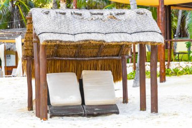 Palapa sazdan çatılar palmiye ağaçları şemsiyeler ve Playa del Carmen Meksika 'daki tropikal Meksika plajındaki sahil otelindeki güneş pansiyonları..