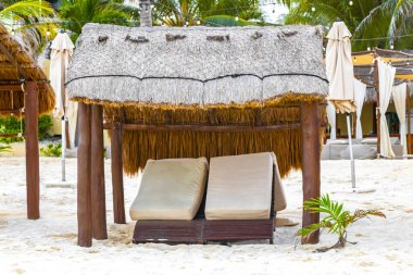 Palapa sazdan çatılar palmiye ağaçları şemsiyeler ve Playa del Carmen Meksika 'daki tropikal Meksika plajındaki sahil otelindeki güneş pansiyonları..