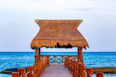 Punta 'da palapa bungalovu ve Playa Xcalacoco Playa del Carmen Mexico' da berrak turkuaz mavi su ve iskeleli tropik Meksika Karayip sahili manzarası..
