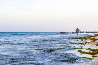 Playa del Carmen Quintana Roo Meksika 14. Ağustos 2023 Pampa ve Playa Xcalacoco Playa del Carmen Mexico 'daki Palapa bungalovu ile berrak turkuaz mavi su ve iskeleli Meksika tropikal karayip sahili manzarası..