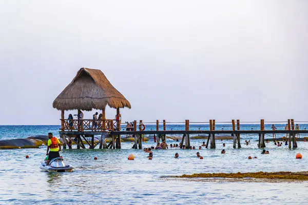 Playa del Carmen Quintana Roo Meksika 14. Ağustos 2023 Pampa ve Playa Xcalacoco Playa del Carmen Mexico 'daki Palapa bungalovu ile berrak turkuaz mavi su ve iskeleli Meksika tropikal karayip sahili manzarası..