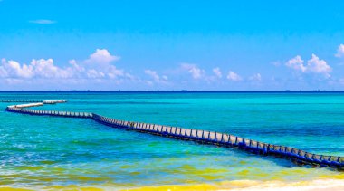 Sargazo yosunlu deniz yosunu ağ halatı ve açık turkuaz mavi şamandıralarla Playa del Carmen Meksika 'da.