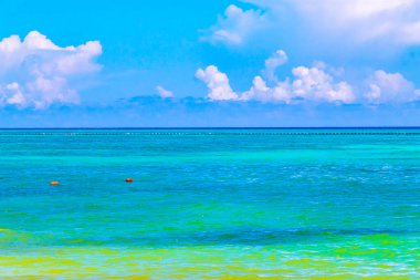 Playa del Carmen Mexico 'da turkuvaz mavisi tatil beldeleri ve palmiye ağaçları olan tropik Meksika Karayip plajı manzarası..