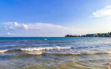 Playa del Carmen Meksika 'da turkuvaz mavisi berrak sulara sahip tropik Meksika Karayip sahili manzarası..