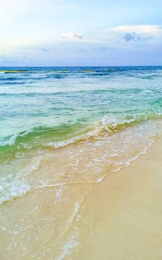 Playa del Carmen Meksika 'da turkuvaz mavisi berrak sulara sahip tropik Meksika Karayip sahili manzarası..