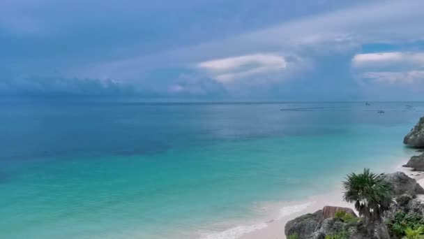 Natural Seascape Panorama View Ancient Tulum Ruins Mayan Site Temple — Stock Video