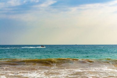 Mirissa Sahili 'nin güneyindeki Sri Lanka Plajı' nda palmiye ağaçları dalgaları ve deniz manzaralı güzel tropik bir sahil..