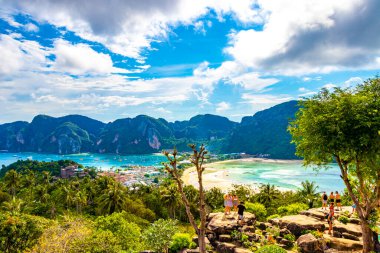 Beautiful famous beach lagoon panorama view between limestone rocks and turquoise water on Koh Phi Phi Don island in Ao Nang Amphoe Mueang Krabi Thailand in Southeast Asia.