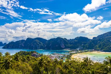 Beautiful famous beach lagoon panorama view between limestone rocks and turquoise water on Koh Phi Phi Don island in Ao Nang Amphoe Mueang Krabi Thailand in Southeast Asia.