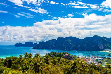 Beautiful famous beach lagoon panorama view between limestone rocks and turquoise water on Koh Phi Phi Don island in Ao Nang Amphoe Mueang Krabi Thailand in Southeast Asia.