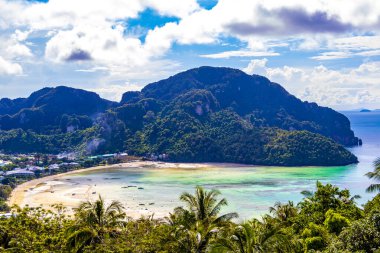 Beautiful famous beach lagoon panorama view between limestone rocks and turquoise water on Koh Phi Phi Don island in Ao Nang Amphoe Mueang Krabi Thailand in Southeast Asia.