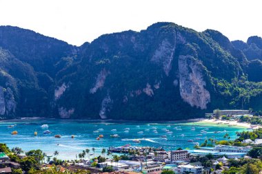 Beautiful famous beach lagoon panorama view between limestone rocks and turquoise water on Koh Phi Phi Don island in Ao Nang Amphoe Mueang Krabi Thailand in Southeast Asia.